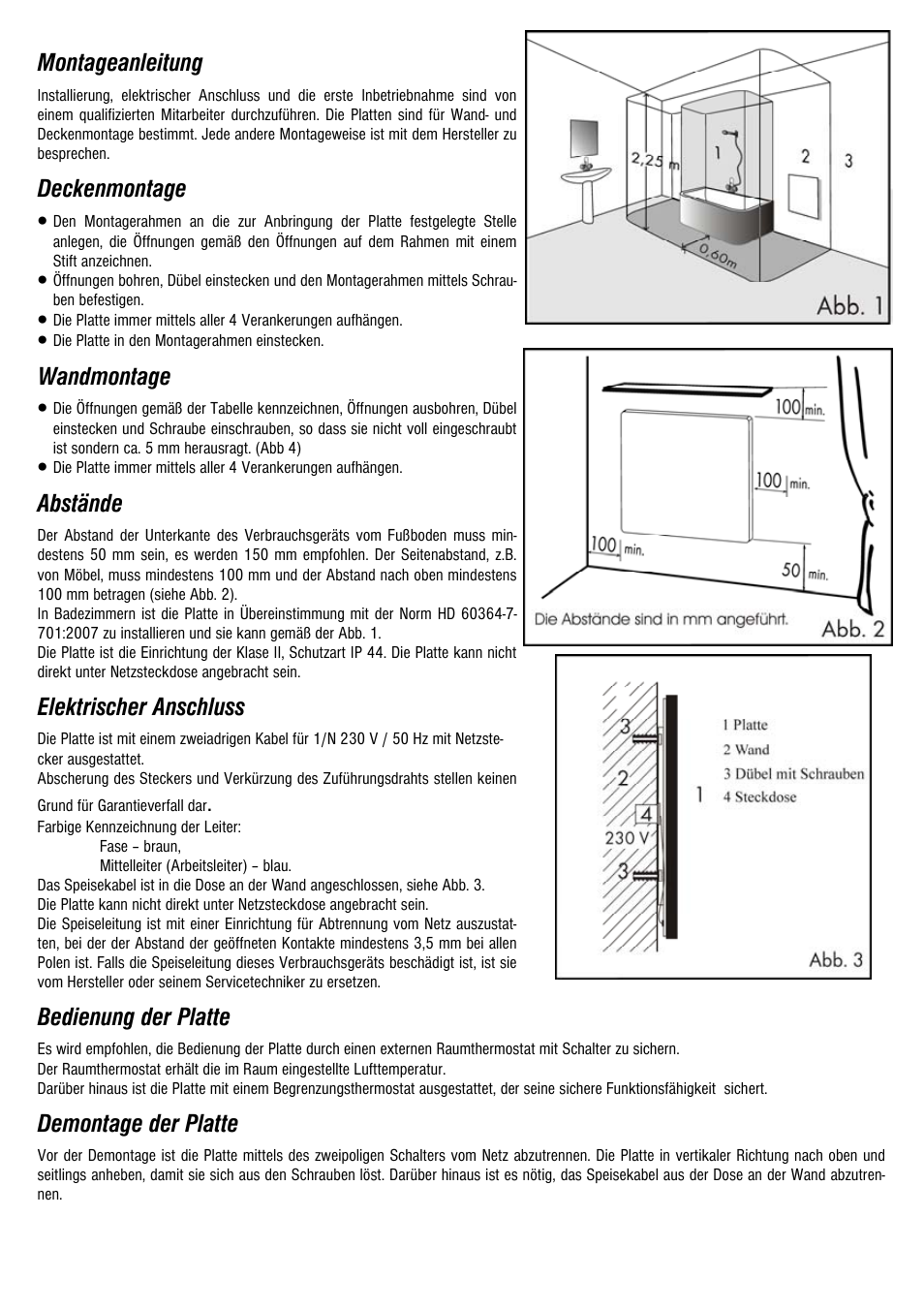 Montageanleitung, Deckenmontage, Wandmontage | Abstände, Elektrischer anschluss, Bedienung der platte, Demontage der platte | Fenix ECOSUN E User Manual | Page 9 / 12