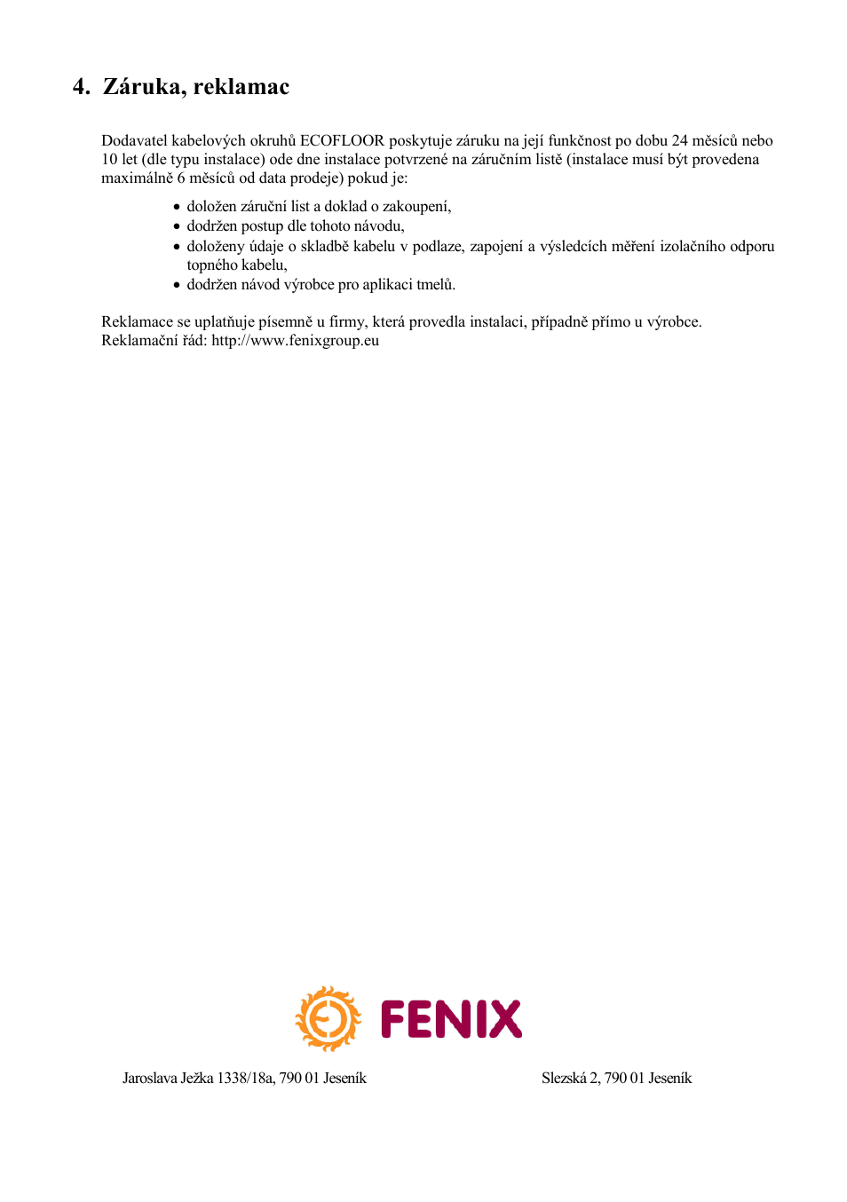 Záruka, reklamace, Fenix s.r.o. fenix trading s.r.o | Fenix MAPSV 30 User Manual | Page 5 / 20