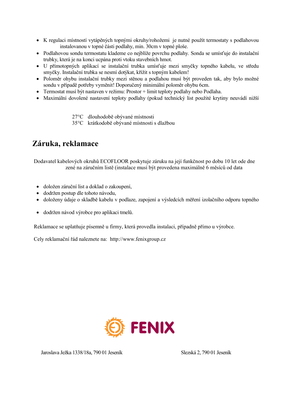 Záruka, reklamace, Regulace | Fenix ADSV User Manual | Page 5 / 20
