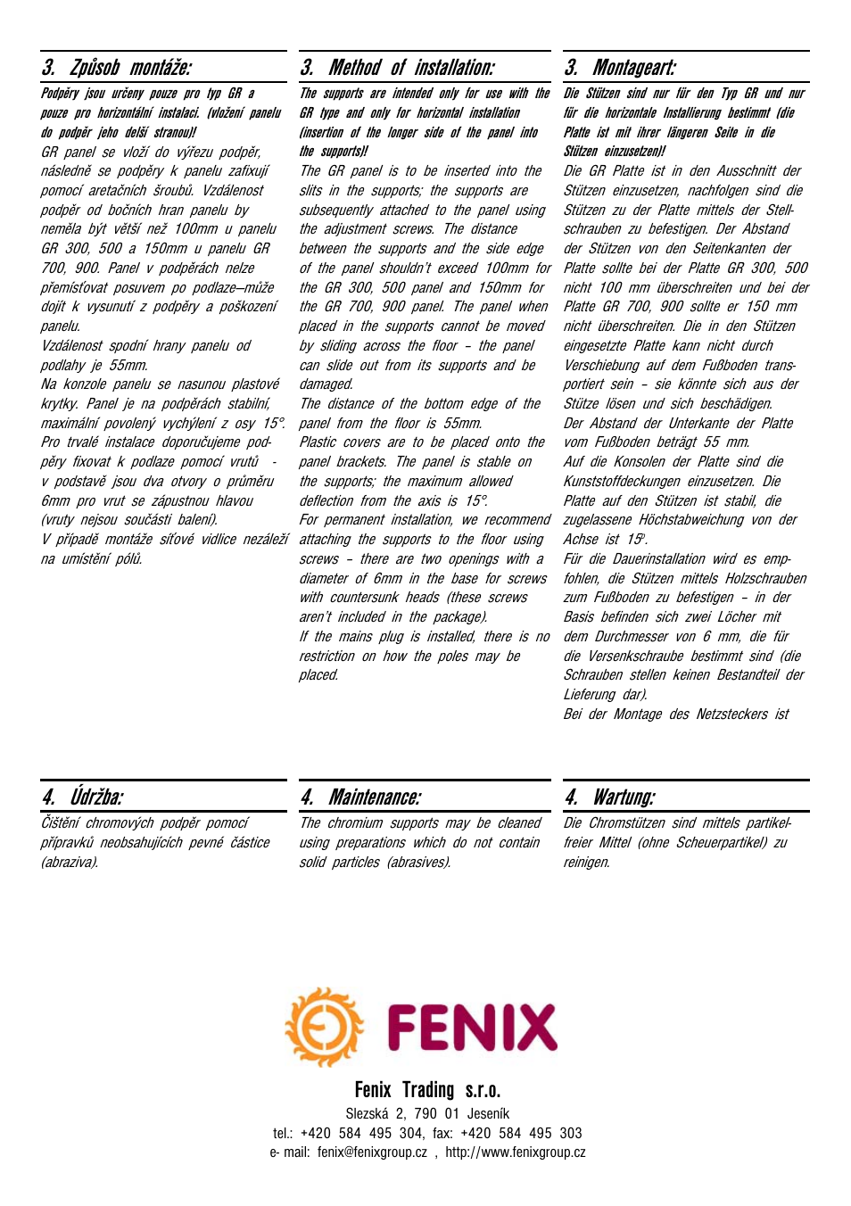 Údržba, Způsob montáže, Method of installation | Maintenance, Montageart, Wartung, Fenix trading s.r.o | Fenix Podpěry pro GR panely User Manual | Page 2 / 2