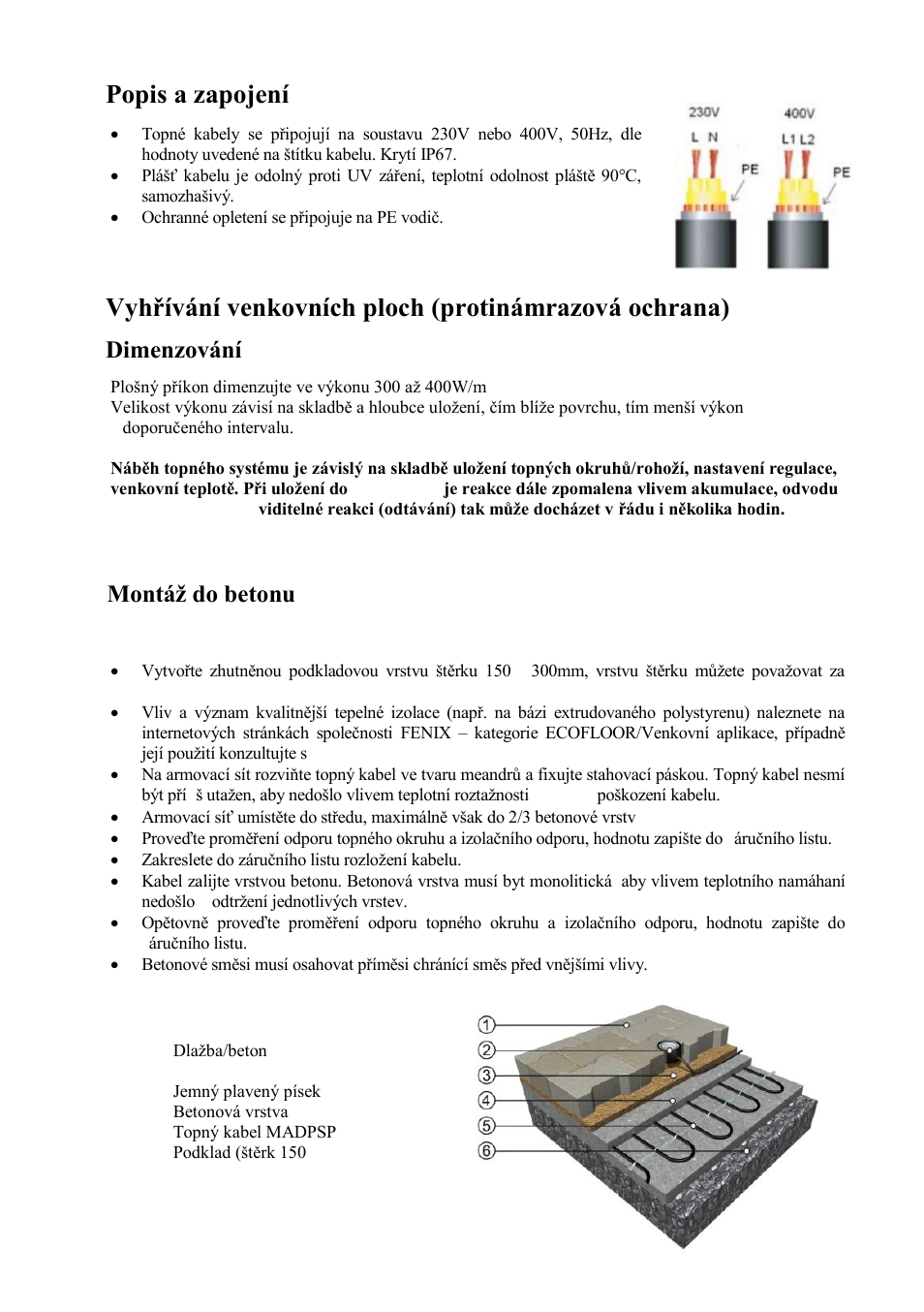 Popis a zapojení, A) dimenzování, B) montáž do betonu | Fenix MADPSP 40 W/m User Manual | Page 2 / 16