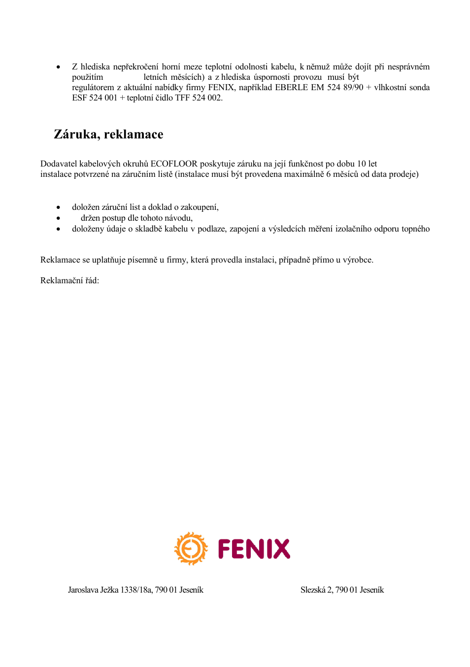 Záruka, reklamace, E) regulace | Fenix MADPSP 40 W/m User Manual | Page 4 / 16