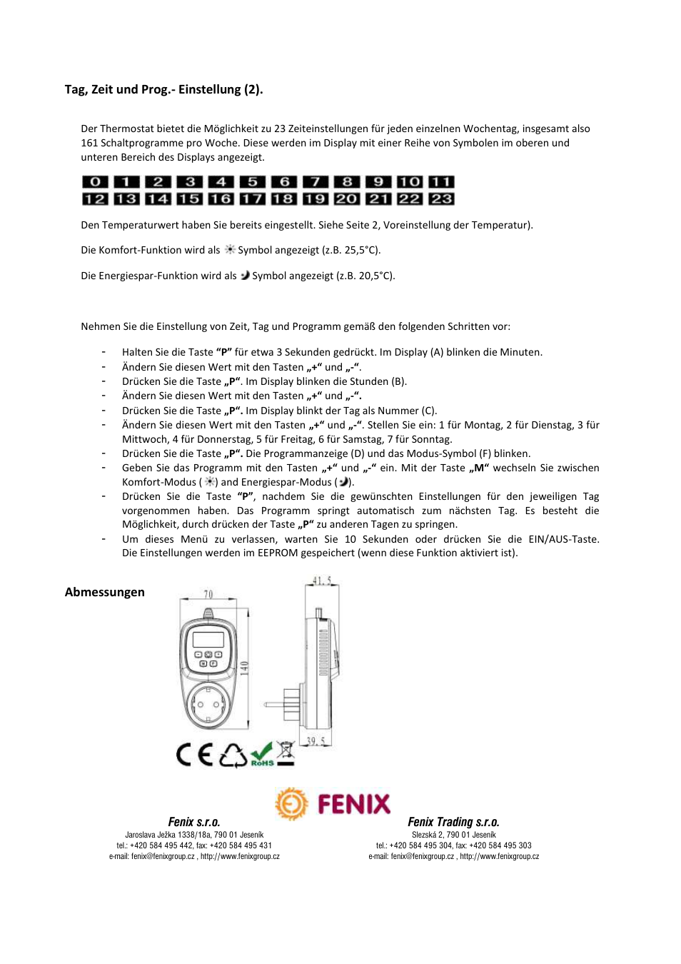 Tag, zeit und prog.- einstellung (2), Abmessungen, Fenix s.r.o. fenix trading s.r.o | Fenix HT-600 User Manual | Page 12 / 12
