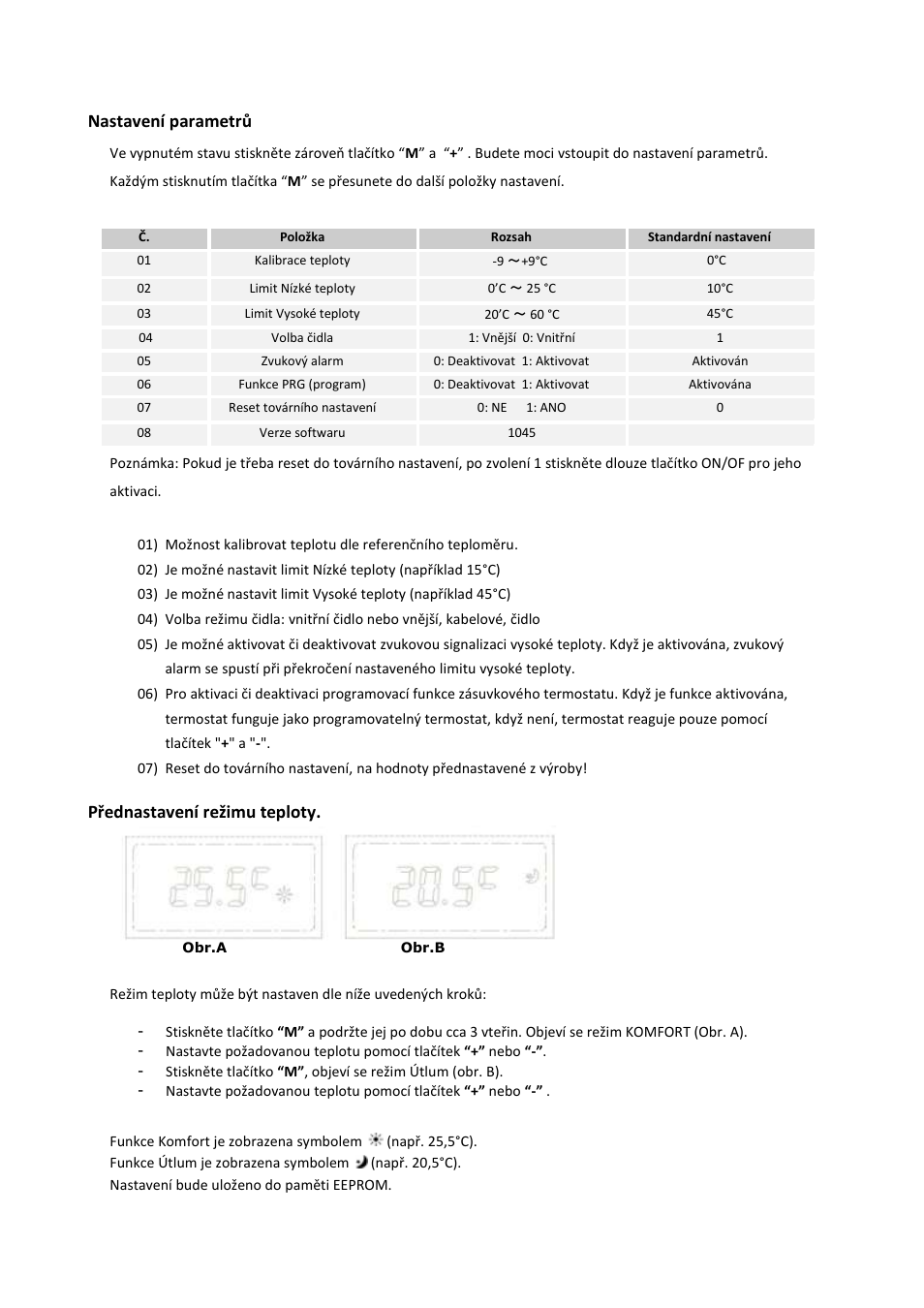 Nastavení parametrů, Přednastavení režimu teploty | Fenix HT-600 User Manual | Page 2 / 12