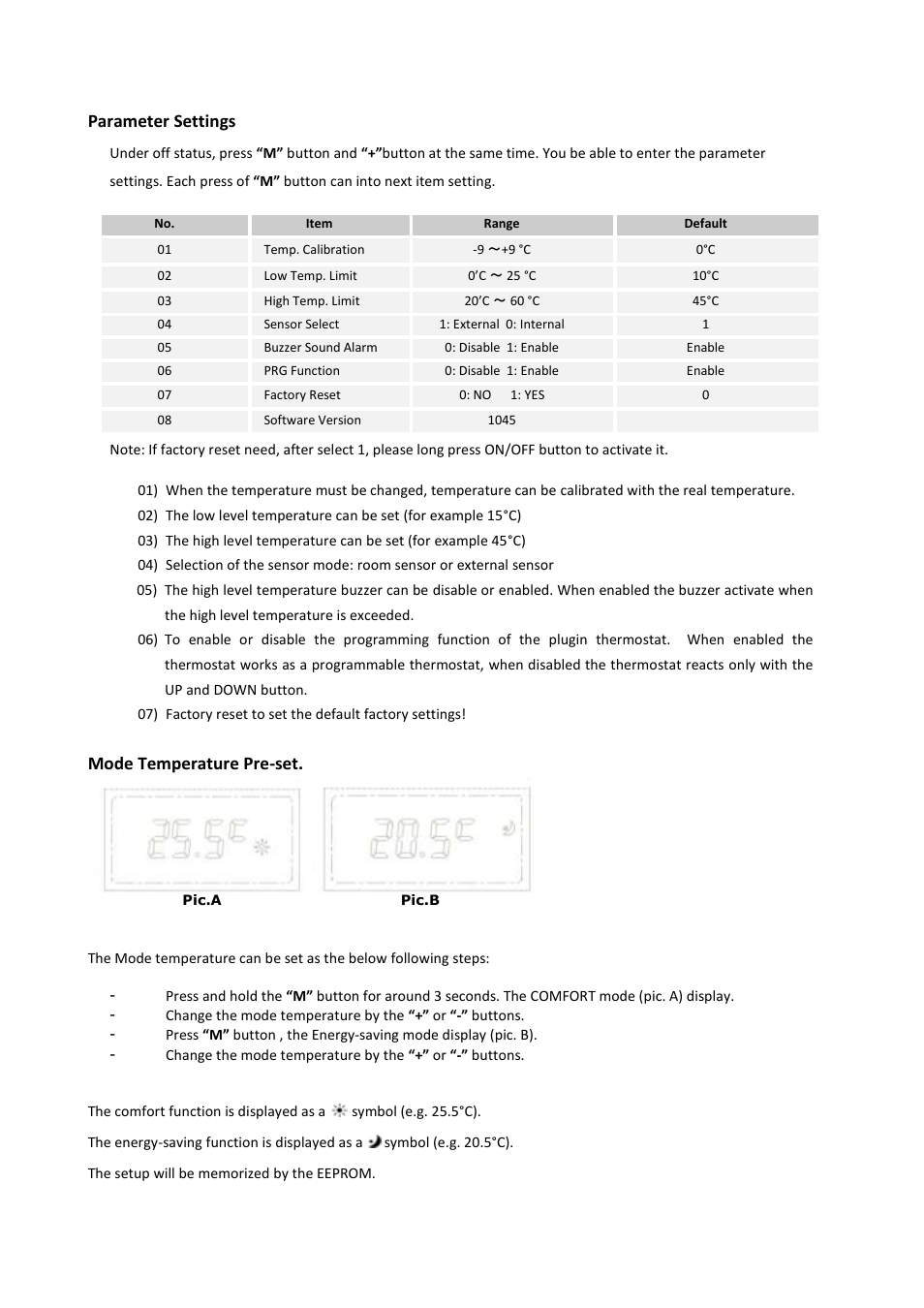 Parameter settings, Mode temperature pre-set | Fenix HT-600 User Manual | Page 6 / 12