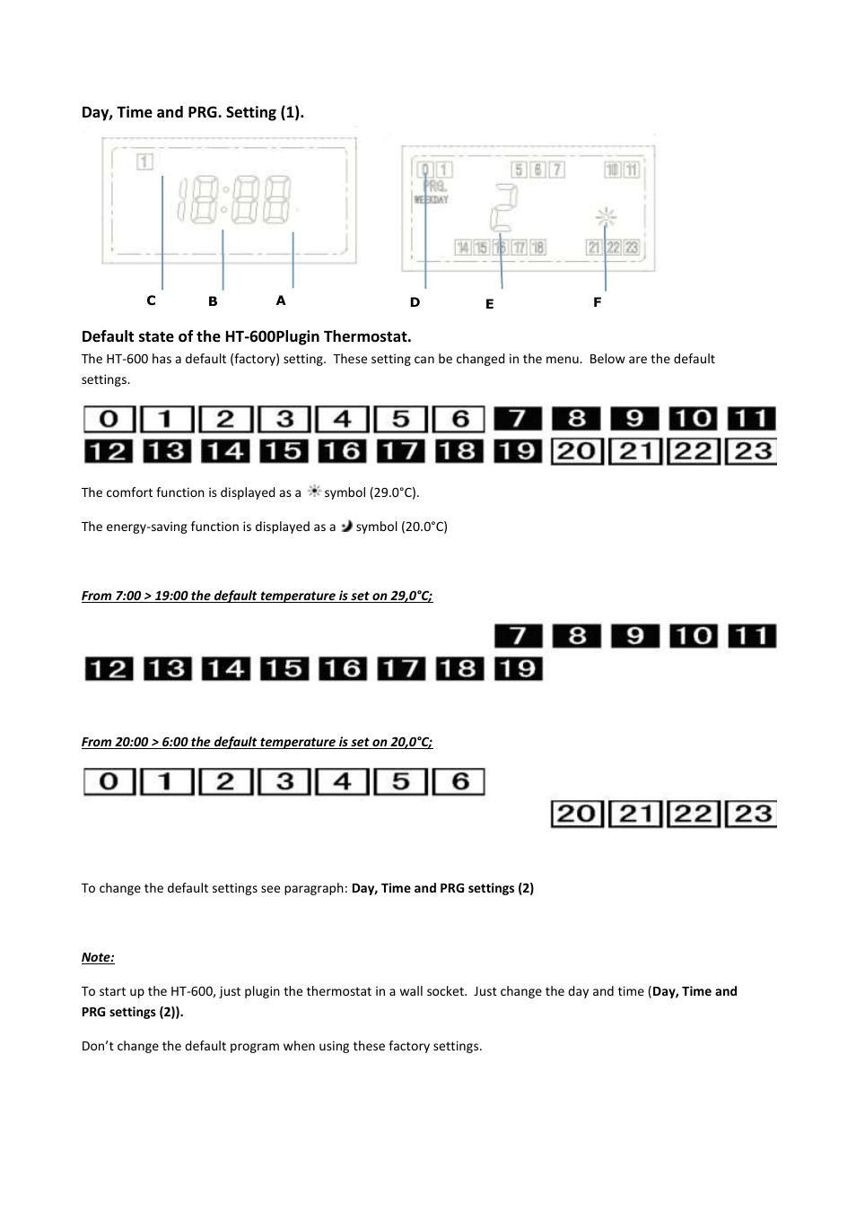 Day, time and prg. setting (1), Default state of the ht-600plugin thermostat | Fenix HT-600 User Manual | Page 7 / 12