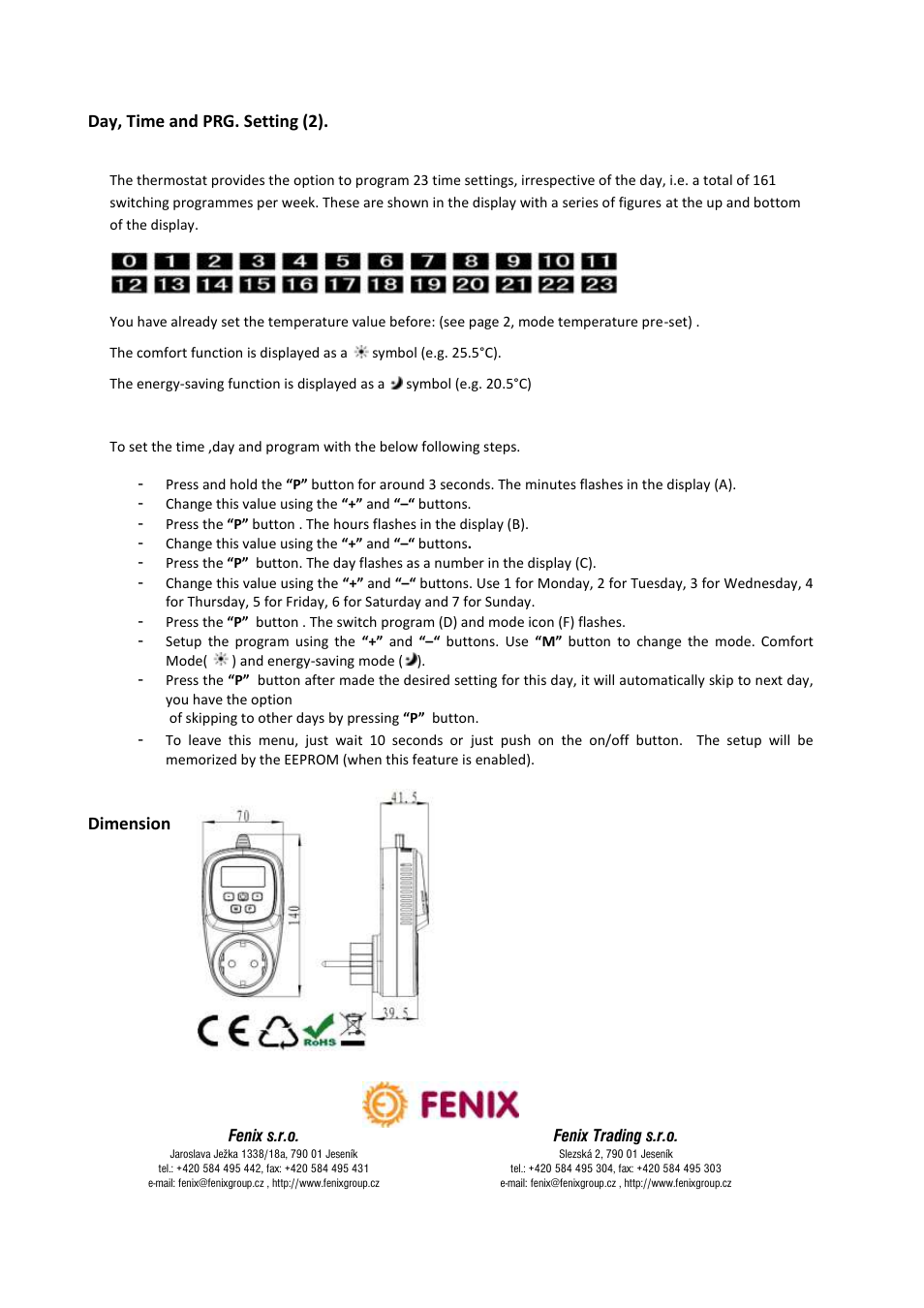 Day, time and prg. setting (2), Dimension, Fenix s.r.o. fenix trading s.r.o | Fenix HT-600 User Manual | Page 8 / 12