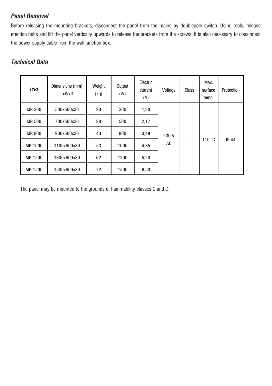 Panel removal, Technical data | Fenix PANEL MR User Manual | Page 12 / 20