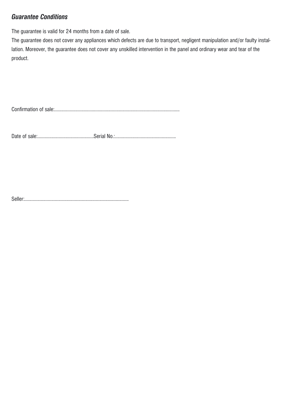 Guarantee conditions | Fenix PANEL MR User Manual | Page 13 / 20