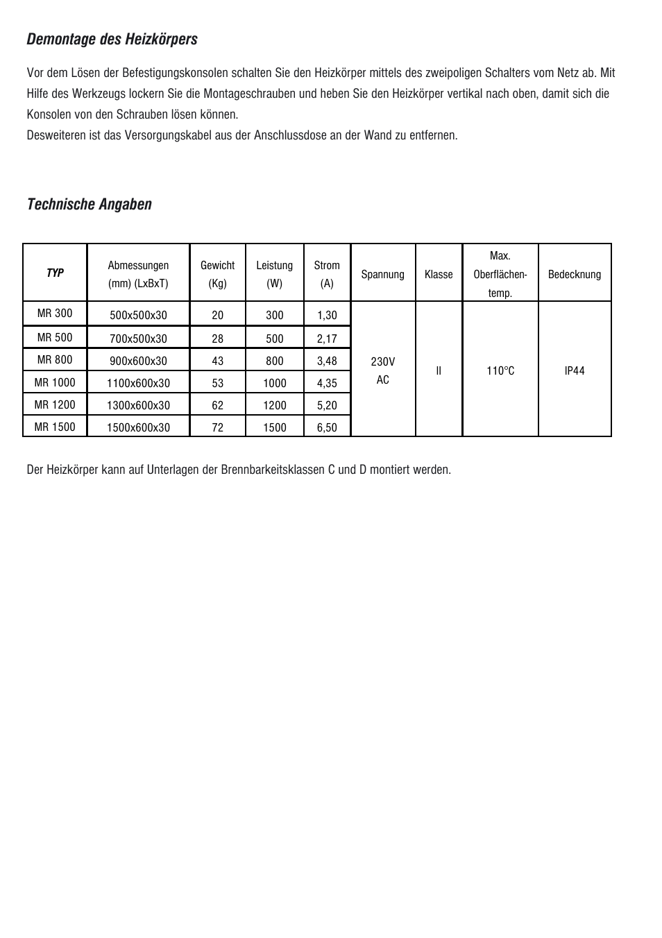 Demontage des heizkörpers, Technische angaben | Fenix PANEL MR User Manual | Page 18 / 20
