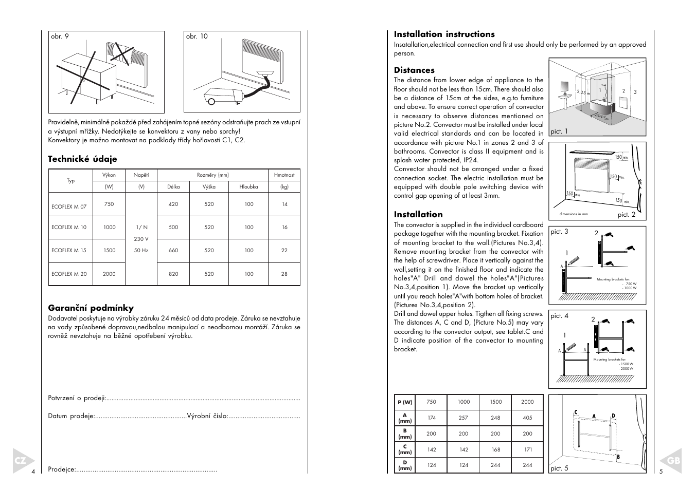 Installation instructions, Distances, Installation | Technické údaje garanční podmínky | Fenix ECOFLEX M User Manual | Page 3 / 10