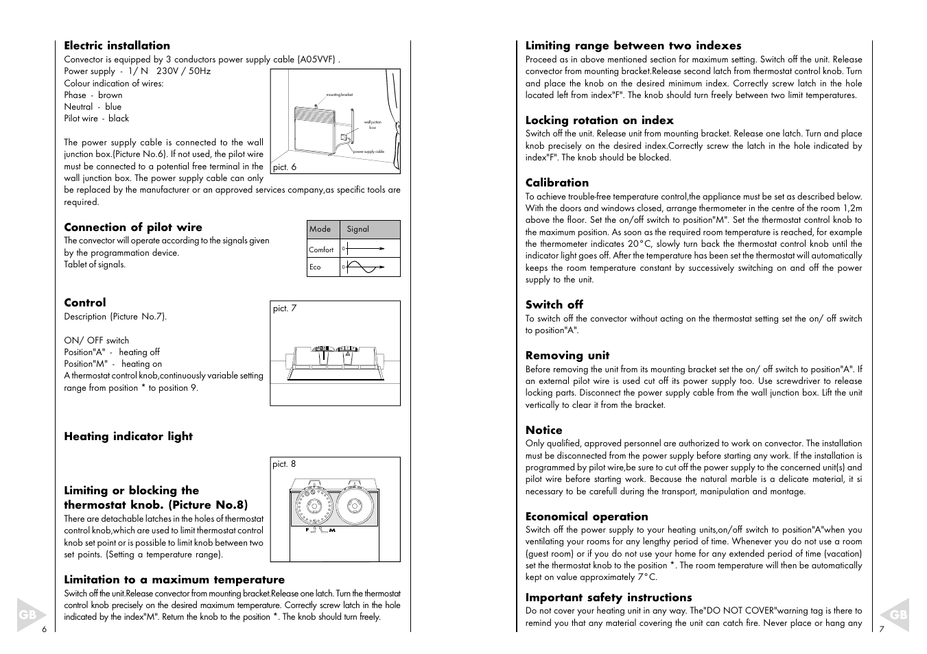 Limiting range between two indexes, Locking rotation on index, Calibration | Switch off, Removing unit, Notice, Economical operation, Important safety instructions, Electric installation, Connection of pilot wire | Fenix ECOFLEX M User Manual | Page 4 / 10
