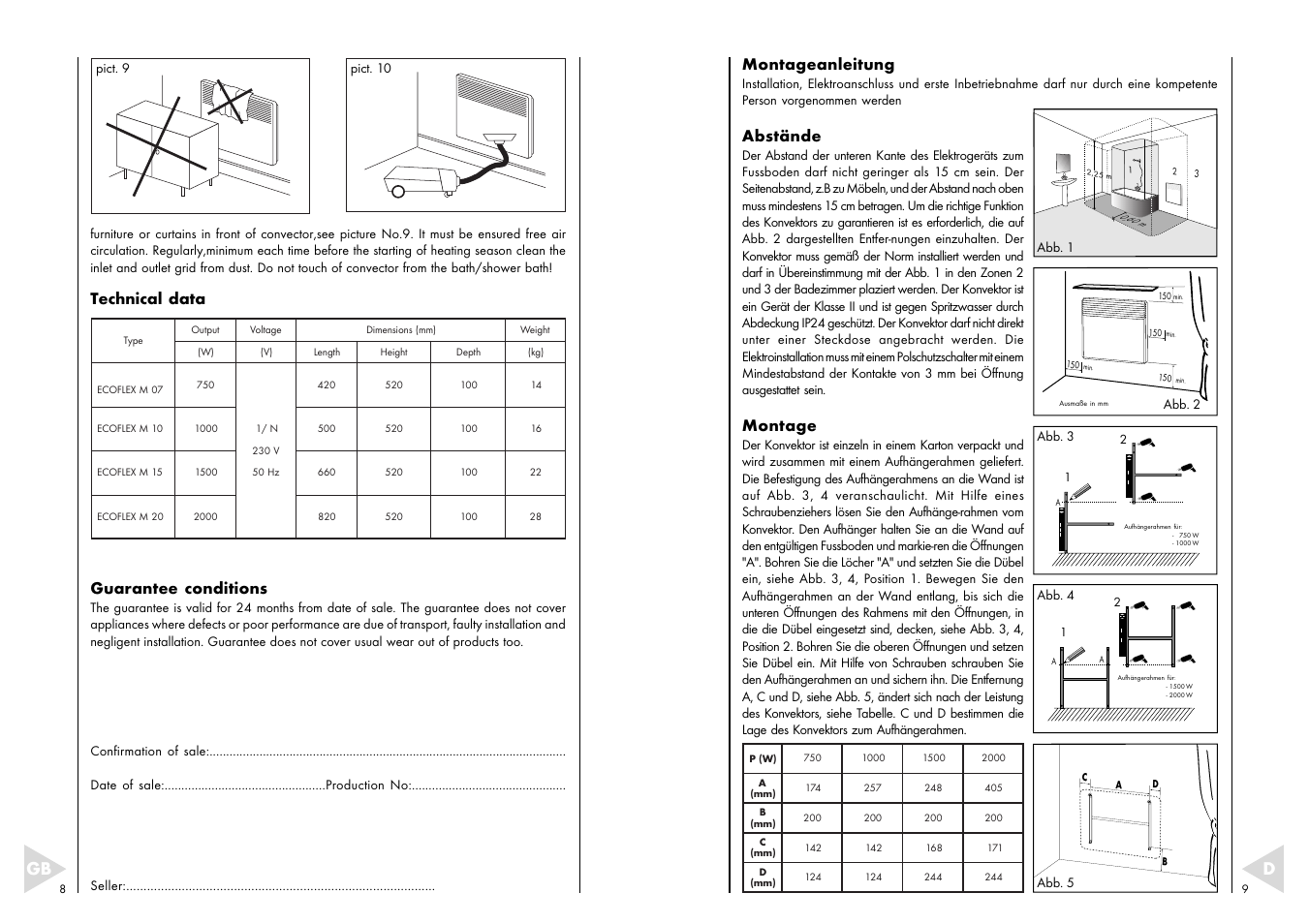 Technical data guarantee conditions, Montageanleitung, Abstände | Montage | Fenix ECOFLEX M User Manual | Page 5 / 10