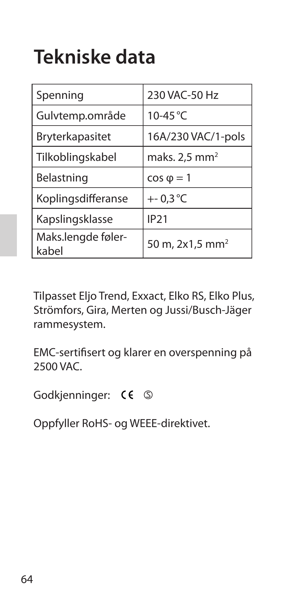 Tekniske data | Fenix Therm 105 User Manual | Page 66 / 84