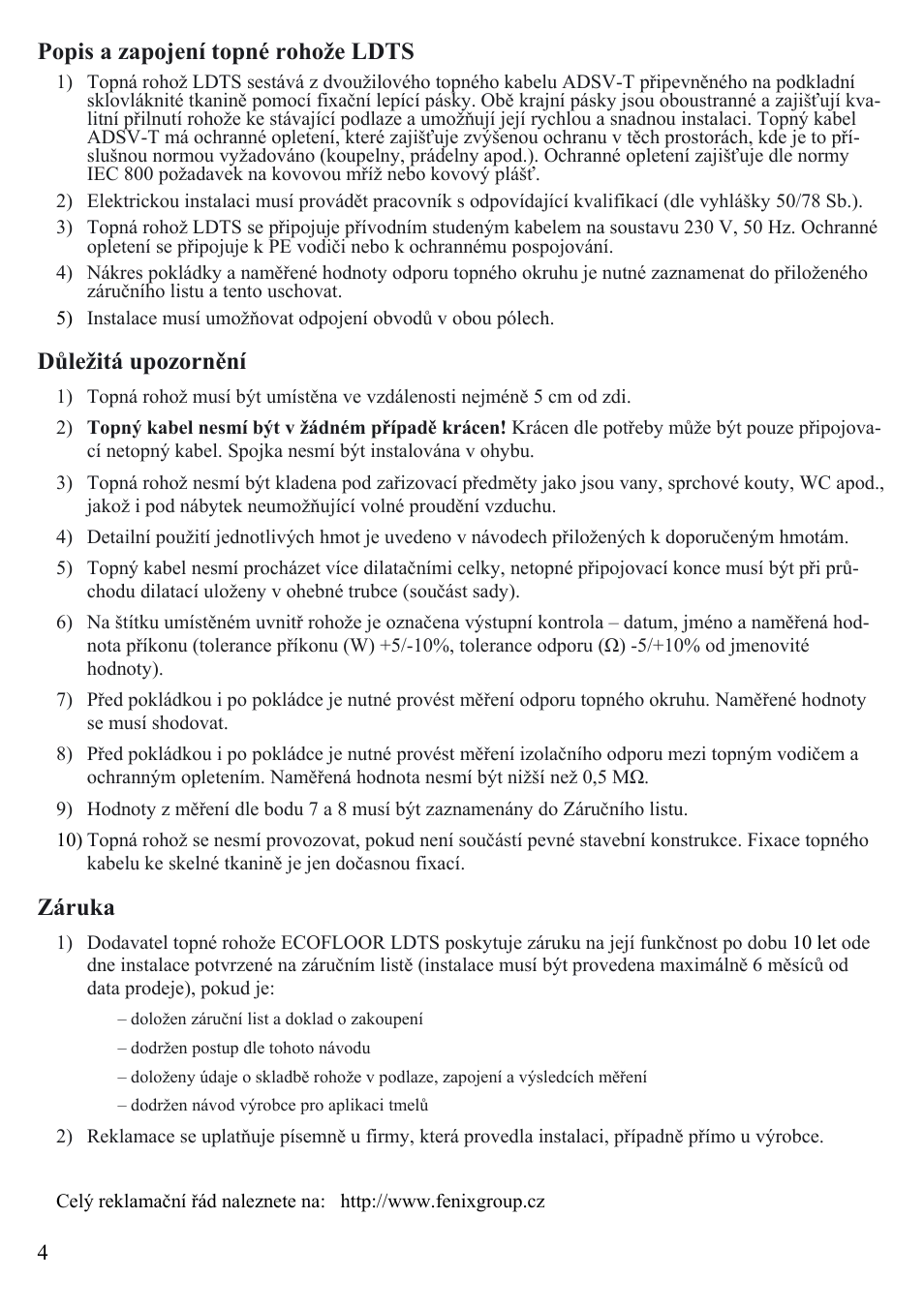 Popis a zapojení topné rohože ldts, Důležitá upozornění, Záruka | Fenix ECOFLOOR Comfort Mat User Manual | Page 4 / 24