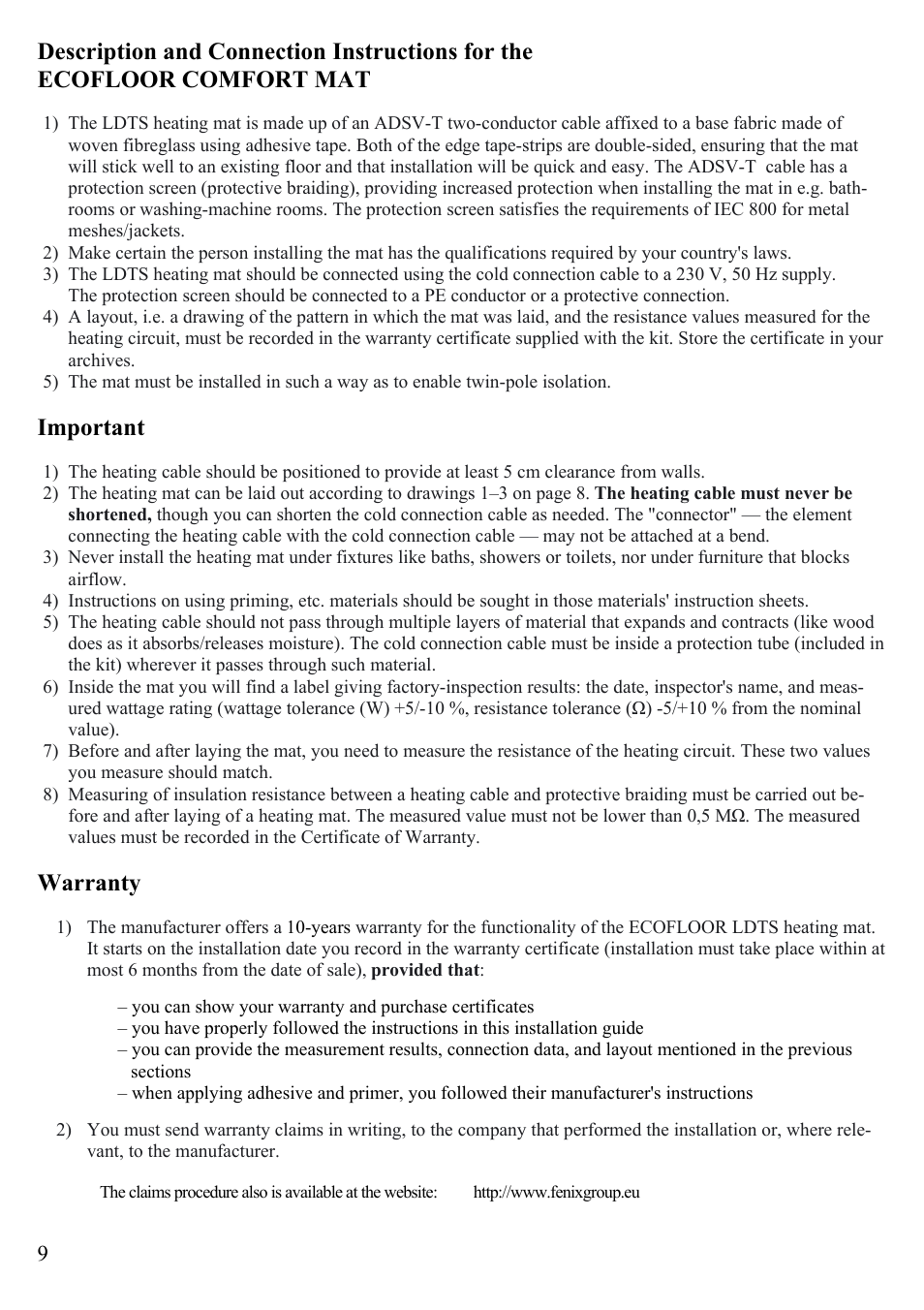 Important, Warranty | Fenix ECOFLOOR Comfort Mat User Manual | Page 9 / 24