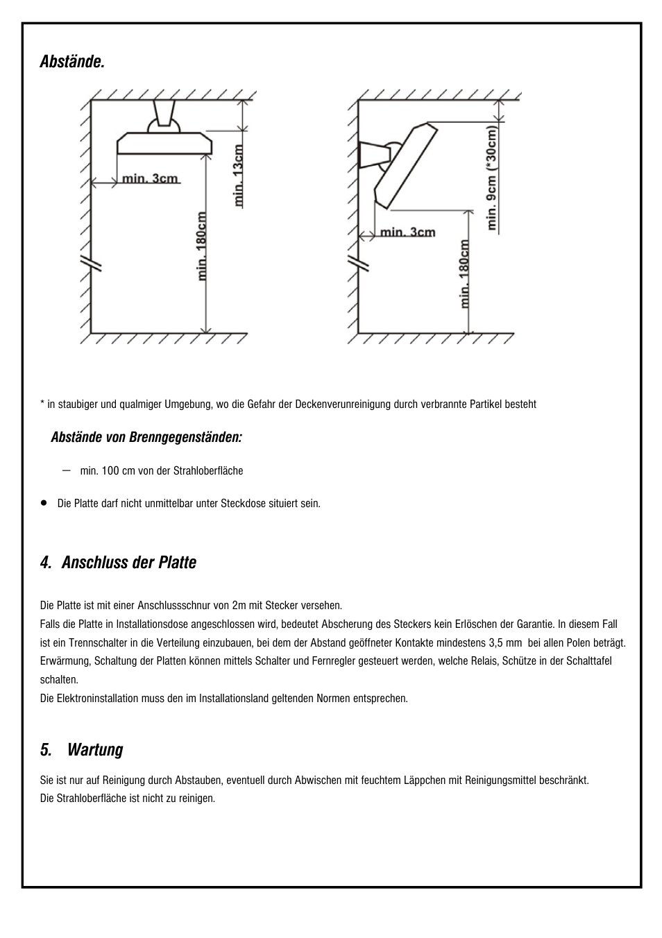 Anschluss der platte, Wartung, Abstände | Fenix ECOSUN Terrace heater User Manual | Page 11 / 16