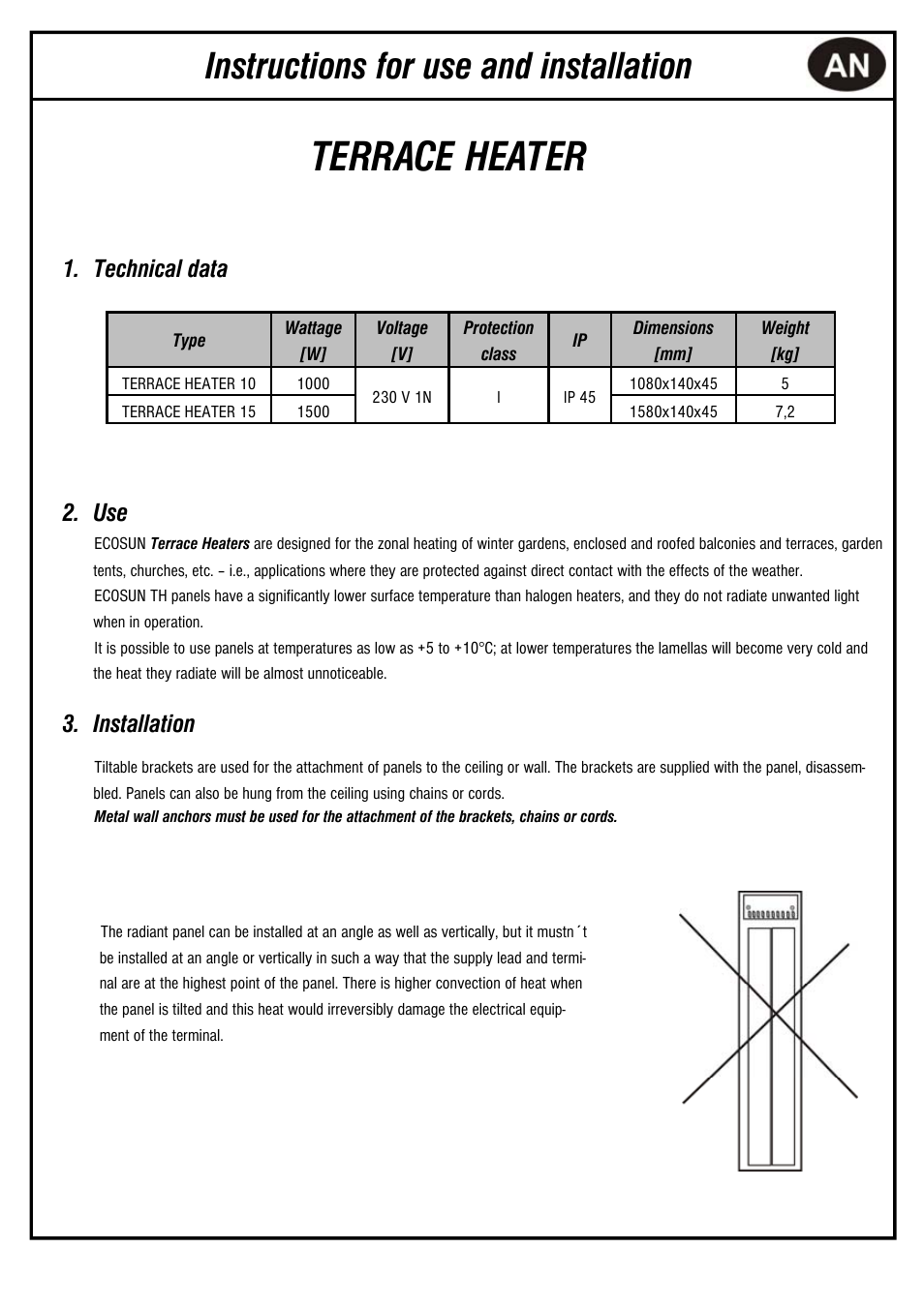 Terrace heater, Instructions for use and installation, Technical data 2. use | Installation | Fenix ECOSUN Terrace heater User Manual | Page 5 / 16