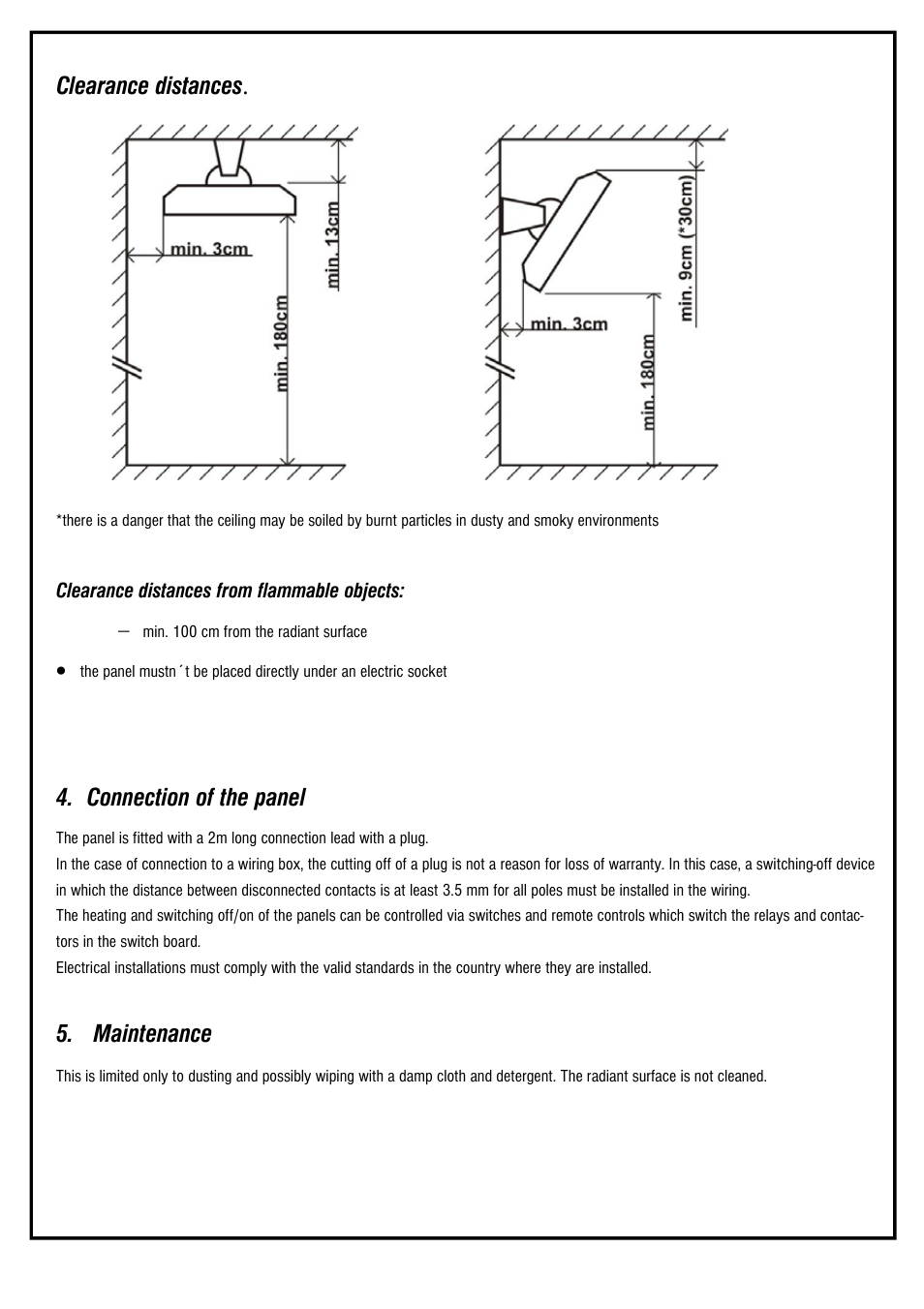 Connection of the panel, Maintenance, Clearance distances | Fenix ECOSUN Terrace heater User Manual | Page 7 / 16