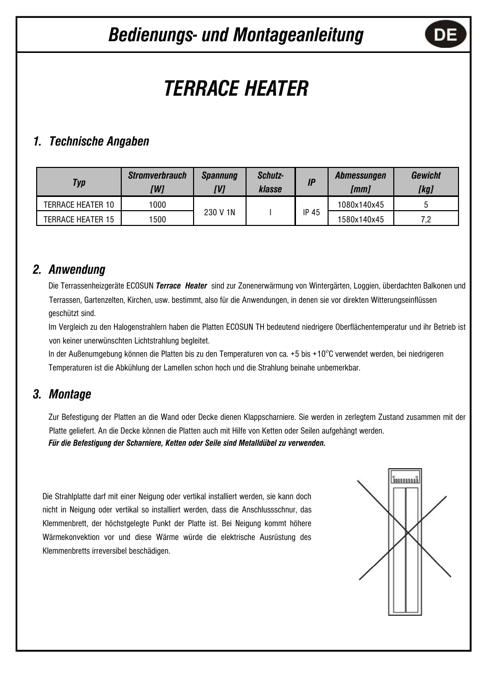Terrace heater, Bedienungs- und montageanleitung, Technische angaben 2. anwendung | Montage | Fenix ECOSUN Terrace heater User Manual | Page 9 / 16