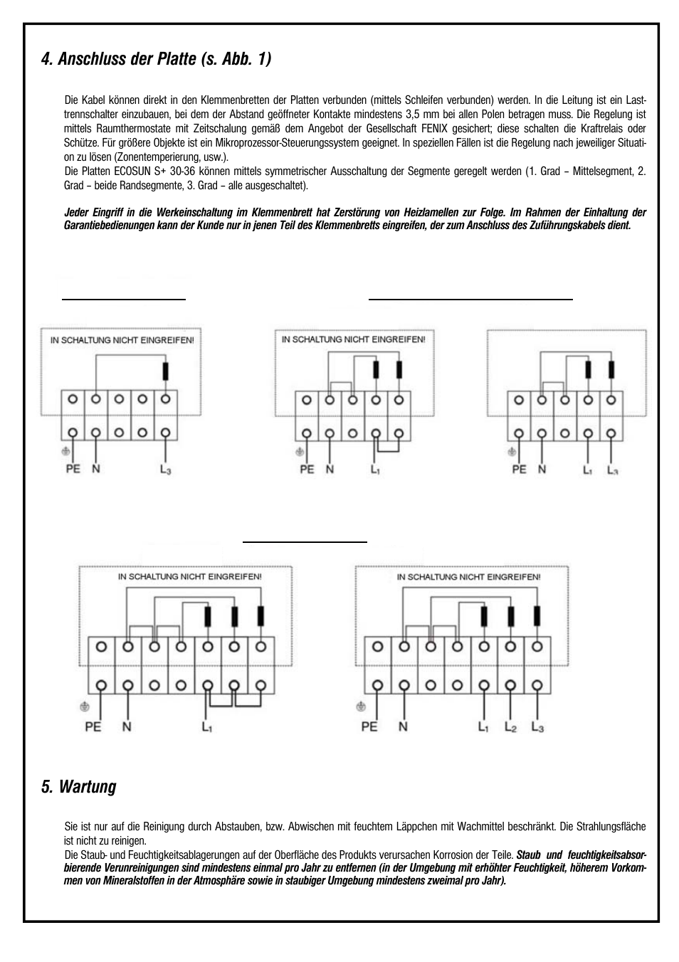 Anschluss der platte (s. abb. 1), Wartung | Fenix ECOSUN S+ / S+ Anticor / Short User Manual | Page 11 / 16