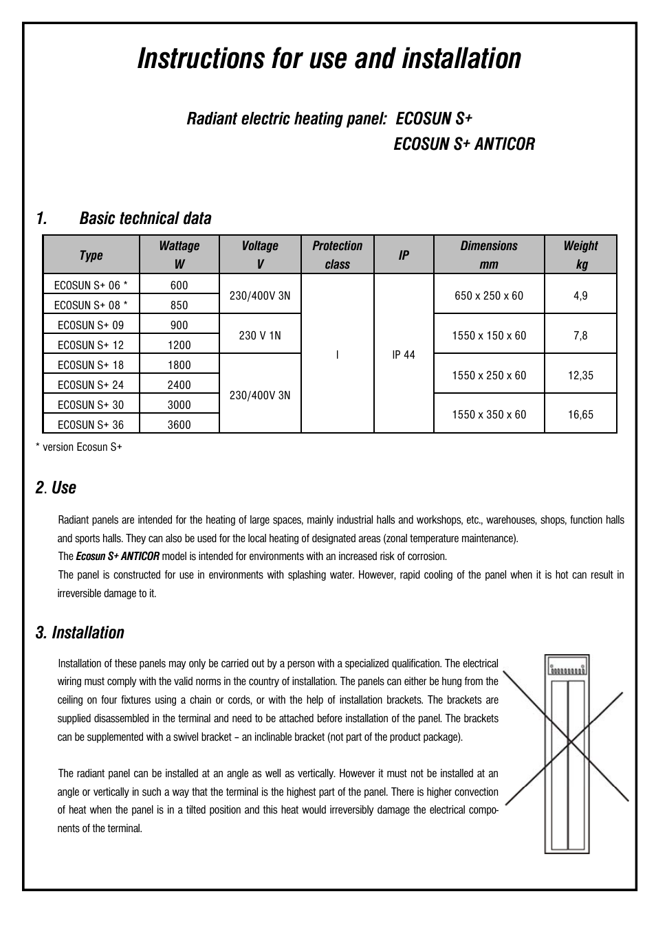 Instructions for use and installation, 2 . use, Installation | Fenix ECOSUN S+ / S+ Anticor / Short User Manual | Page 5 / 16