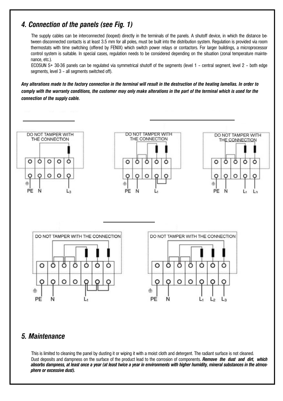 Connection of the panels (see fig. 1), Maintenance | Fenix ECOSUN S+ / S+ Anticor / Short User Manual | Page 7 / 16