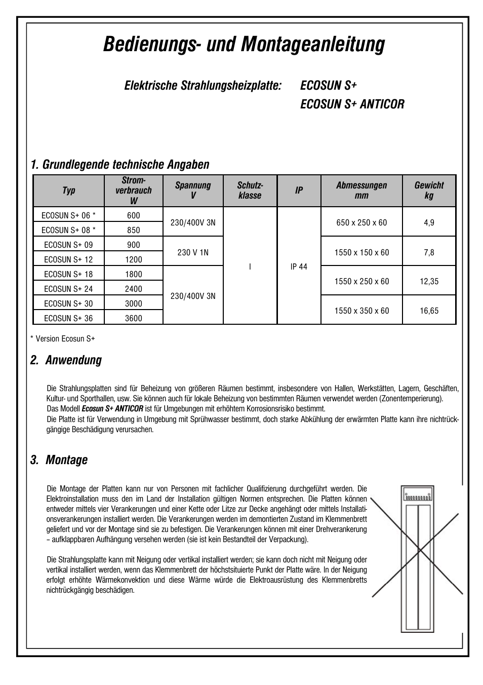 Bedienungs- und montageanleitung, Anwendung, Montage | Fenix ECOSUN S+ / S+ Anticor / Short User Manual | Page 9 / 16