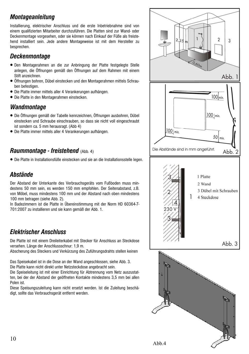 Montageanleitung, Deckenmontage, Wandmontage | Raummontage - freistehend, Abstände, Elektrischer anschluss | Fenix Ecosun 750 IKP User Manual | Page 10 / 16