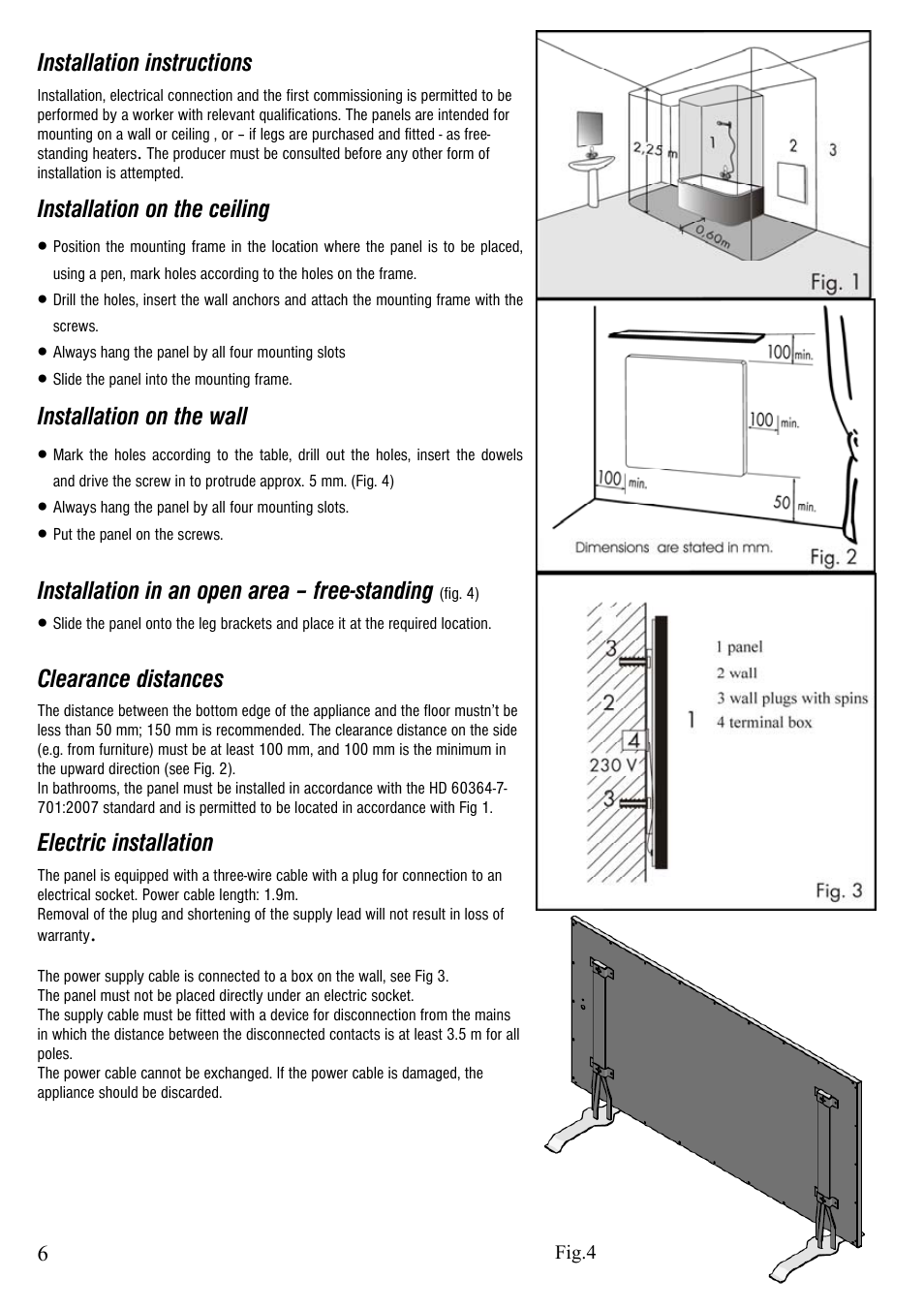 Installation instructions, Installation on the ceiling, Installation on the wall | Installation in an open area – free-standing, Clearance distances, Electric installation | Fenix Ecosun 750 IKP User Manual | Page 6 / 16