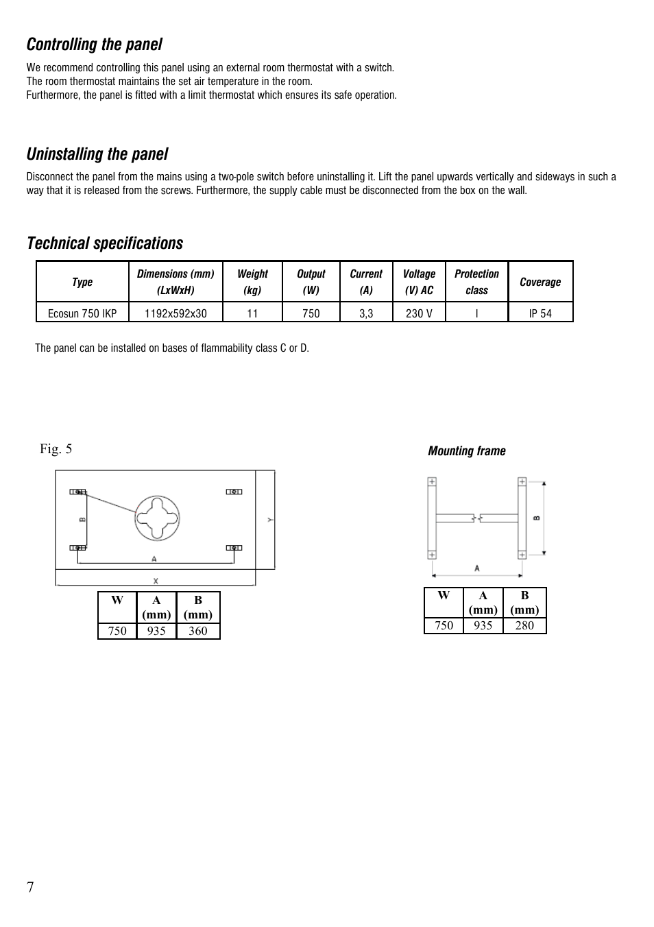 Controlling the panel, Uninstalling the panel, Technical specifications | Fenix Ecosun 750 IKP User Manual | Page 7 / 16