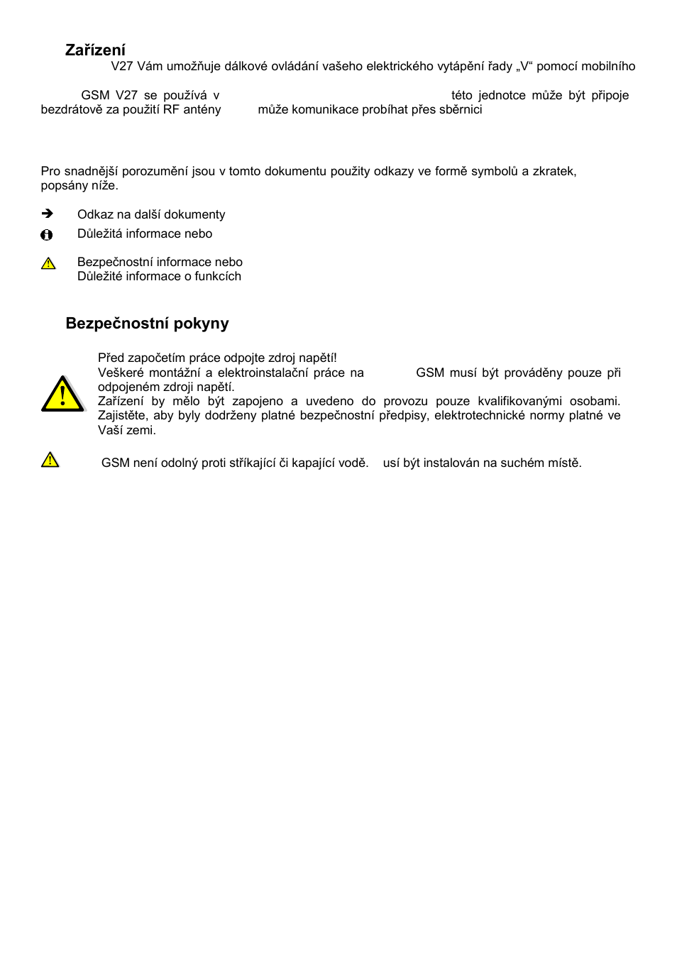 1zařízení, 2 odkazy, symboly a zkratky, 3bezpečnostní pokyny | Fenix Watts V27 User Manual | Page 5 / 104
