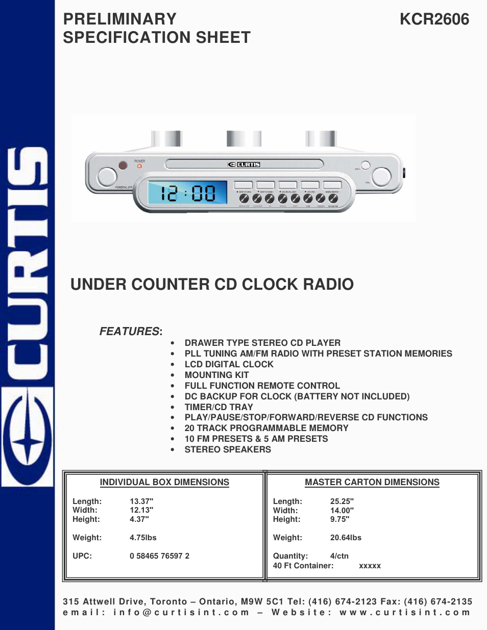 Curtis KCR2606 User Manual | 1 page