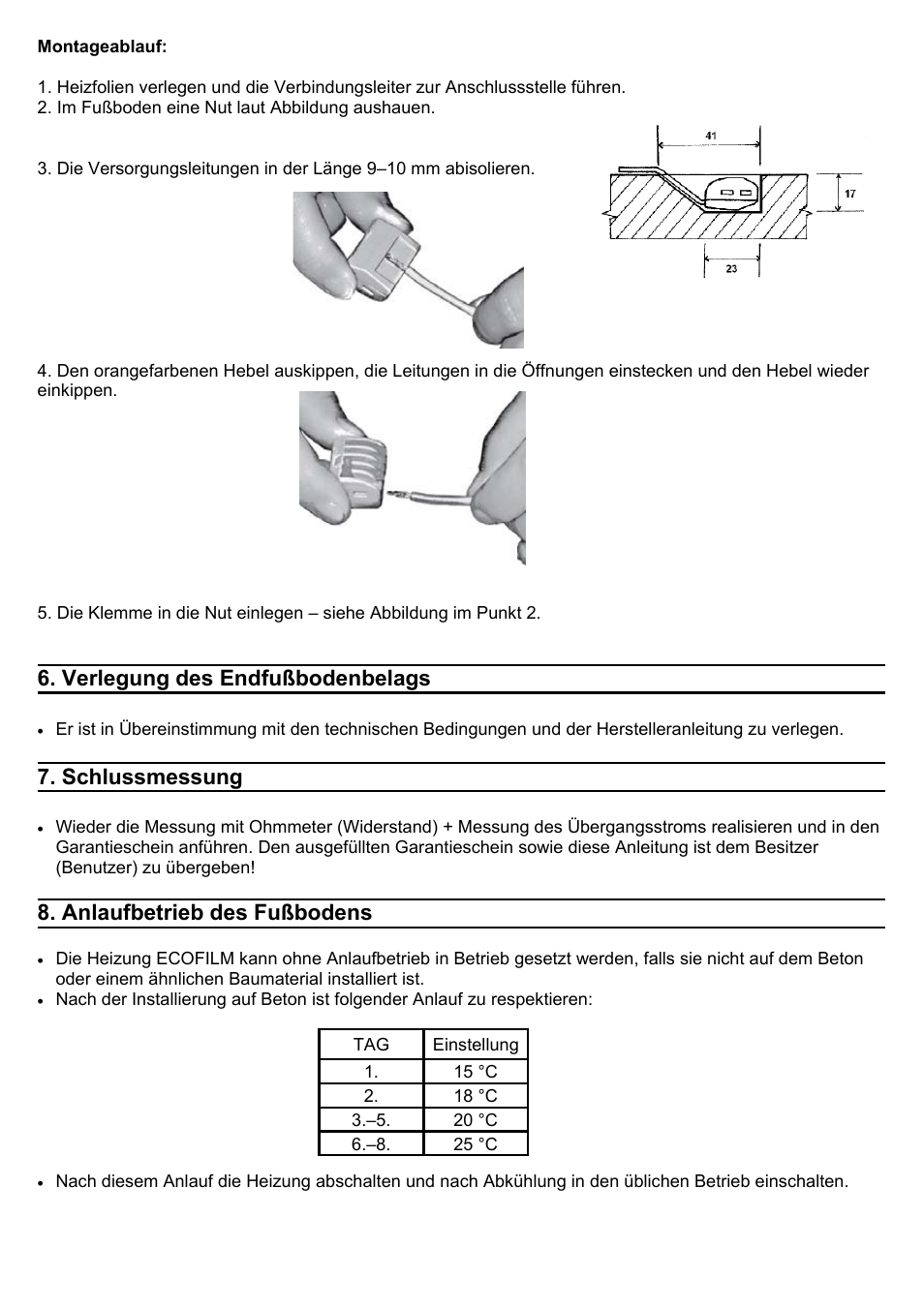 Verlegung des endfußbodenbelags, Schlussmessung, Anlaufbetrieb des fußbodens | Fenix ECOFILM SET User Manual | Page 14 / 24