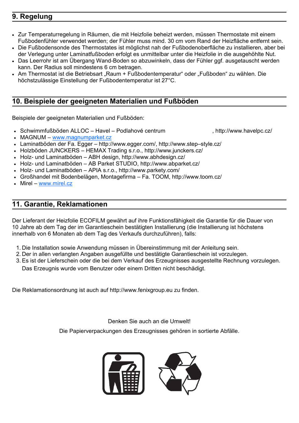 15 9. regelung, Beispiele der geeigneten materialien und fußböden, Garantie, reklamationen | Fenix ECOFILM SET User Manual | Page 15 / 24
