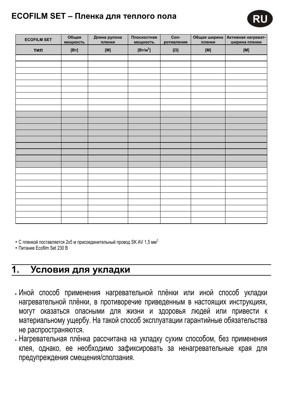 Условия для укладки, Ecofilm set – пленка для теплого пола, Питание ecofilm set 230 в | Fenix ECOFILM SET User Manual | Page 16 / 24