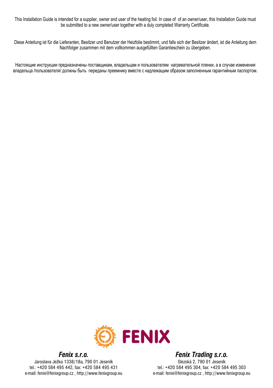 Fenix s.r.o, Fenix trading s.r.o | Fenix ECOFILM SET User Manual | Page 24 / 24