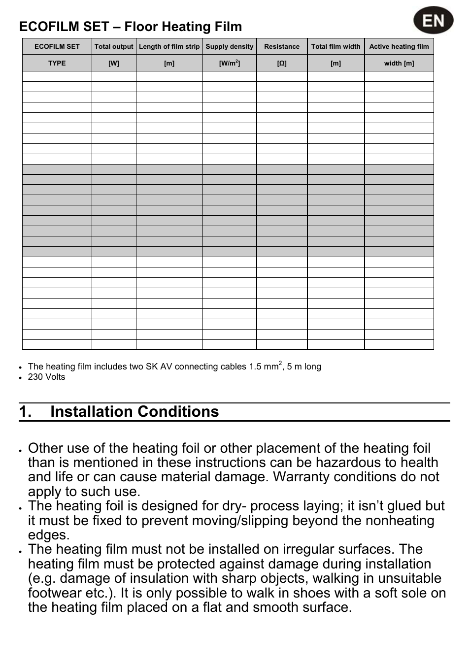 Installation conditions, Ecofilm set – floor heating film, 5 m long | 230 volts | Fenix ECOFILM SET User Manual | Page 3 / 24