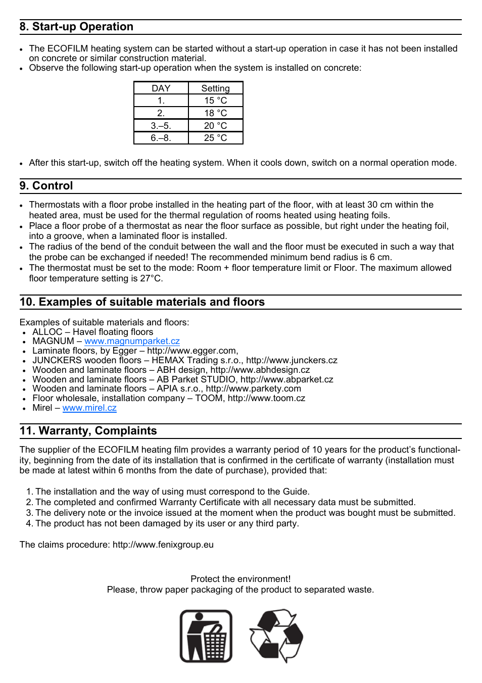 Start-up operation, Control, Examples of suitable materials and floors | Warranty, complaints | Fenix ECOFILM SET User Manual | Page 8 / 24