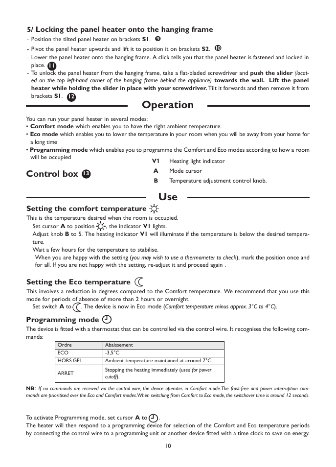 Operation, Control box, Locking the panel heater onto the hanging frame | Setting the comfort temperature, Setting the eco temperature, Programming mode | Fenix SOLIUS User Manual | Page 10 / 24