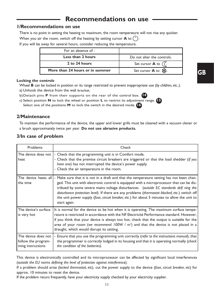 Recommendations on use, 1/recommendations on use, 2/maintenance | 3/in case of problem | Fenix SOLIUS User Manual | Page 11 / 24