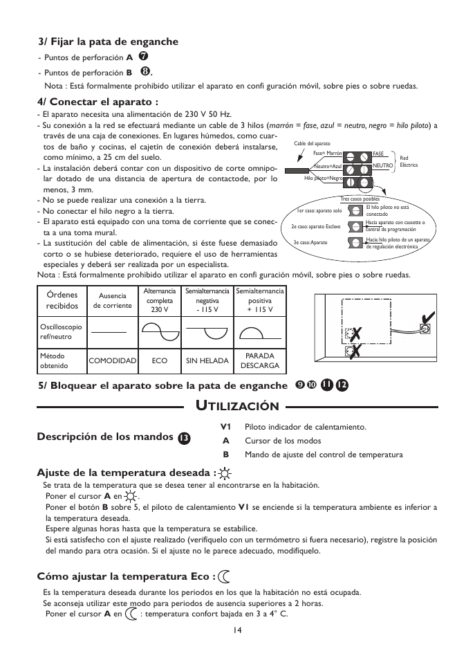 Tilización, Ajuste de la temperatura deseada, Cómo ajustar la temperatura eco | 3/ fijar la pata de enganche, 4/ conectar el aparato, Descripción de los mandos, 5/ bloquear el aparato sobre la pata de enganche | Fenix SOLIUS User Manual | Page 14 / 24