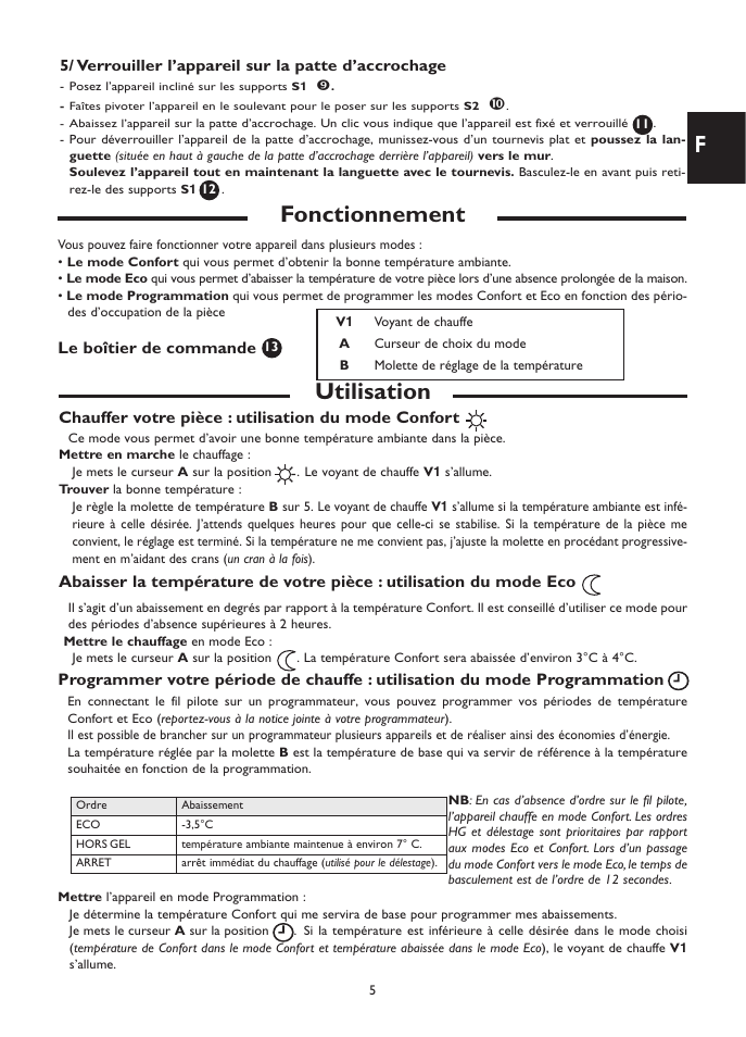 Fonctionnement, Utilisation, Le boîtier de commande | Chauffer votre pièce : utilisation du mode confort | Fenix SOLIUS User Manual | Page 5 / 24