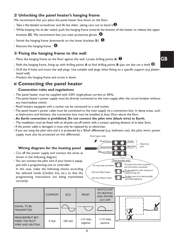 Connecting the panel heater, 2/ unlocking the panel heater’s hanging frame, 3/ fixing the hanging frame to the wall | Fenix SOLIUS User Manual | Page 9 / 24