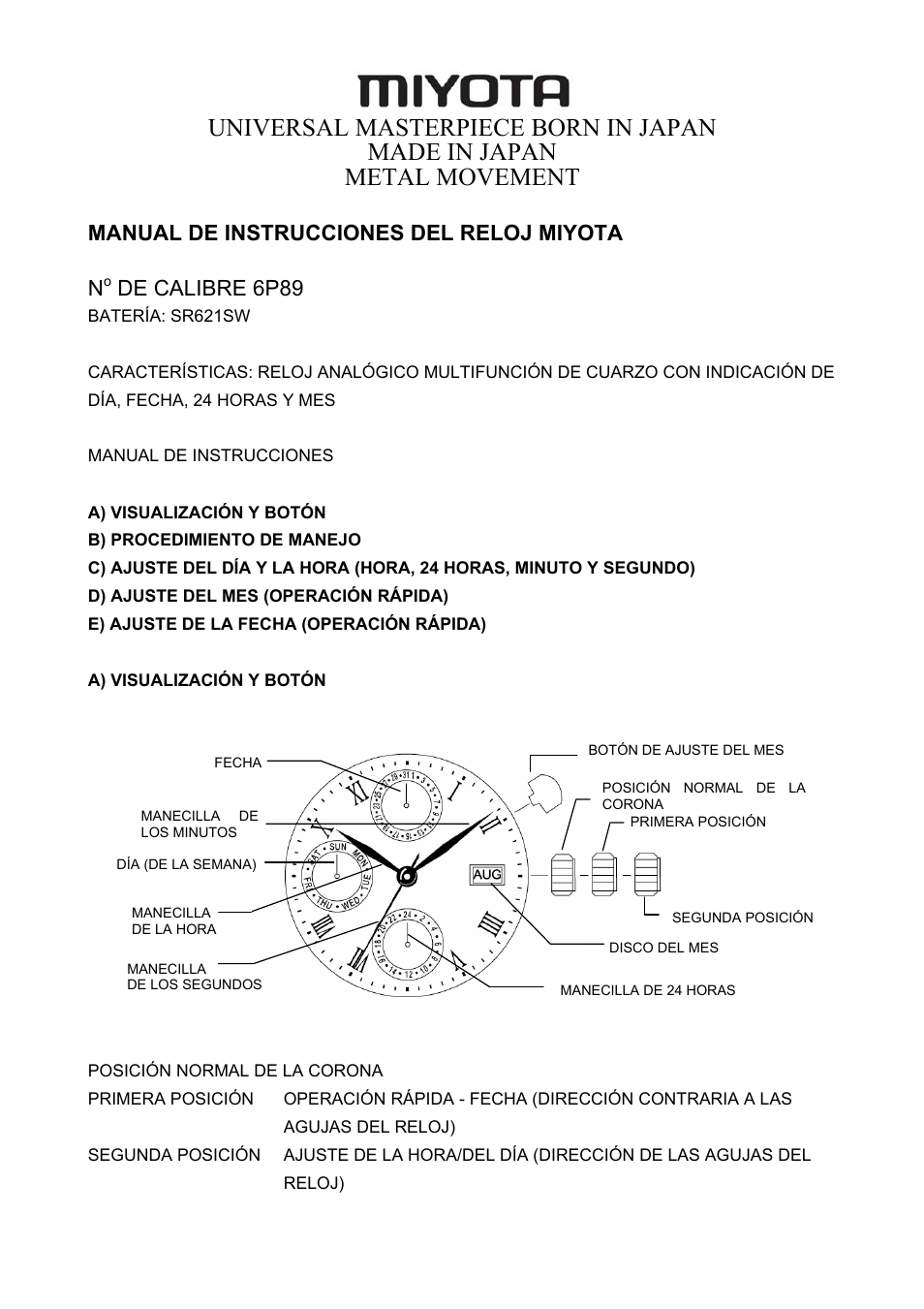 Sp_6p89.pdf, Manual de instrucciones del reloj miyota n, De calibre 6p89 | FESTINA F16011 User Manual | Page 9 / 23