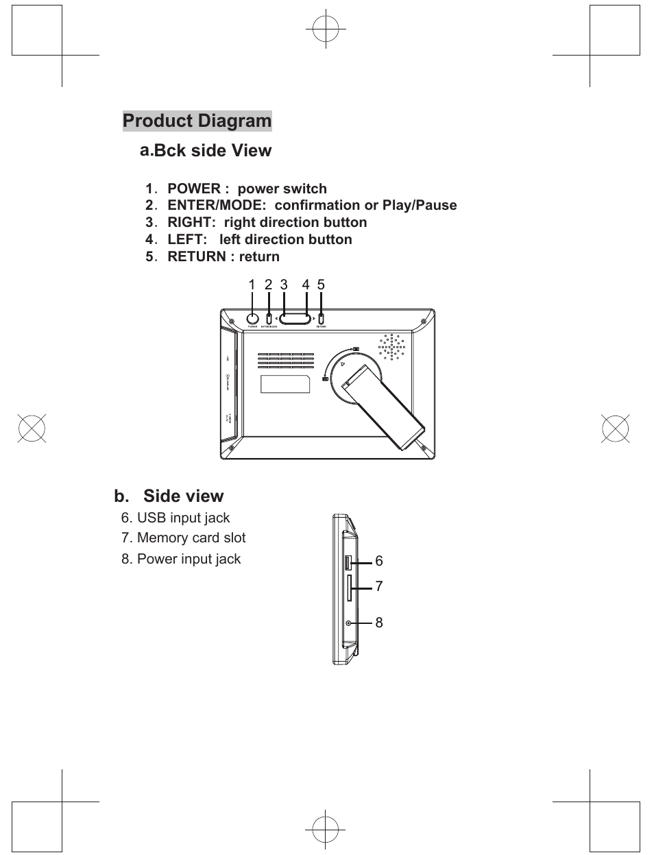 Product diagram, A.bck side view b. side view | Curtis DPF710 User Manual | Page 5 / 7