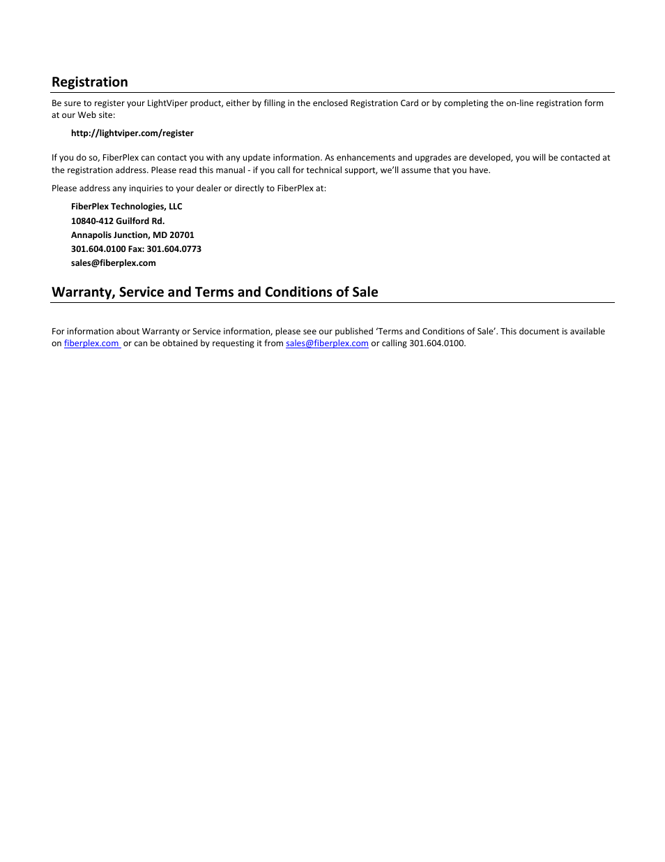 Registration, Warranty, service and terms and conditions of sale | FiberPlex VIM-1032 User Manual | Page 5 / 21