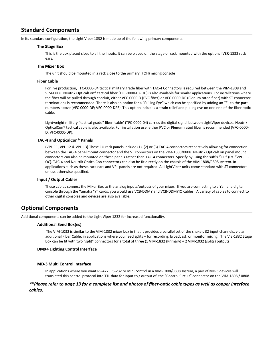 Standard components, Optional components | FiberPlex VIM-1032 User Manual | Page 8 / 21