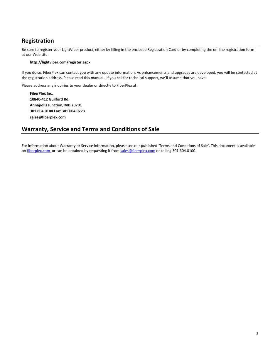 Registration, Warranty, service and terms and conditions of sale | FiberPlex VIS-4832 User Manual | Page 5 / 22