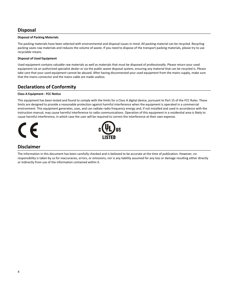 Disposal, Declarations of conformity, Disclaimer | FiberPlex VIS-4832 User Manual | Page 6 / 22
